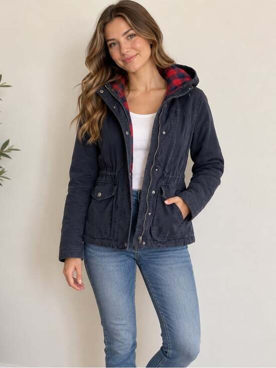 Hollister Jackets & Blazers - Hollister Navy Plaid Lined Utility Hooded Jacket Women’s Small